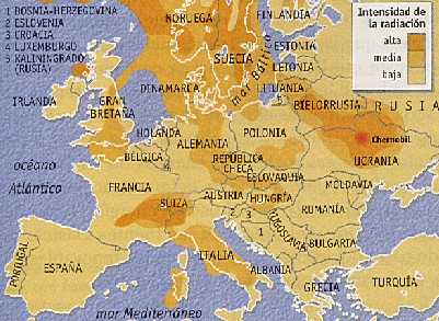 Figura 7-6 > Intensidad de la radiacin en Europa como consecuencia del accidente de Chernobyl