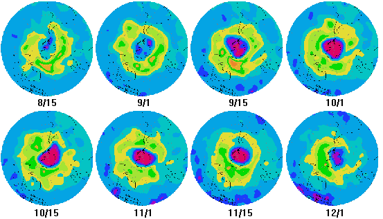 Figura 10-16 > niveles de ozono de la Antrtida en el periodo de formacin del agujero de ozono en 1995 medidos en unidades Dobsosn (DU)