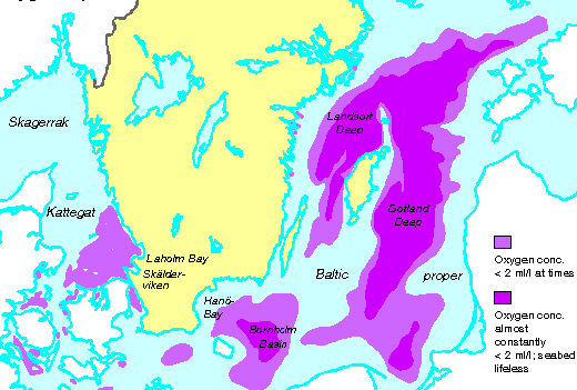 Figura 11-5 > Distribucin de niveles de oxgeno en el fondo de los mares que rodean Suecia en 1990