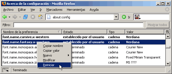 Firefox - Eliminar preferencia en about:config