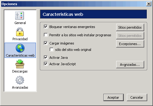 Firefox. Menú Herramientas > Preferencias > Características web Firefox. Menú Herramientas > Preferencias > Características web