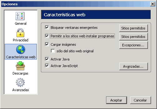 Firefox. Menú Herramientas > Preferencias > Características web Firefox. Menú Herramientas > Preferencias > Características web