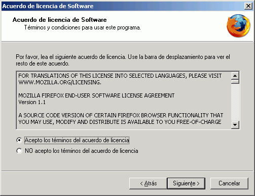 Firefox - Instalación - Acuerdo de licencia Firefox - Instalación - Acuerdo de licencia