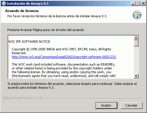 Instalación de Amaya - Acuerdo de licencia Instalación de Amaya - Acuerdo de licencia