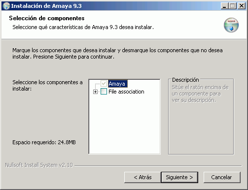 Instalación de Amaya -Selección de componentes Instalación de Amaya - Selección de componentes