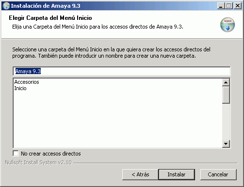 Instalación de Amaya - Carpeta del menú Inicio Instalación de Amaya - Carpeta del menú Inicio