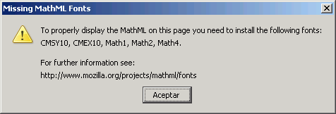 Mathml en Mozilla - Aviso: fuentes no instaladas Mathml en Mozilla - Aviso: fuentes no instaladas