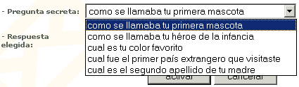 CorreoCV - Preguntas secretas disponibles