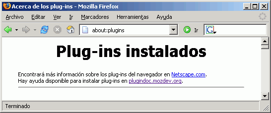 Mozilla Firefox 1.0 - Plug-ins instalados Mozilla Firefox 1.0 - Plug-ins instalados