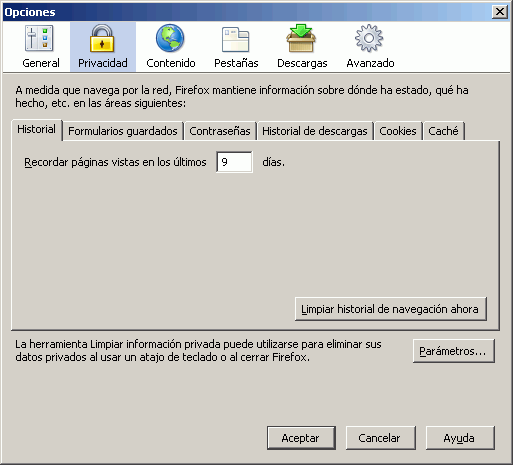 Firefox 1.5 - Configuración - Herramientas > Opciones > Privacidad Firefox 1.5 - Configuración - Herramientas > Opciones > Privacidad