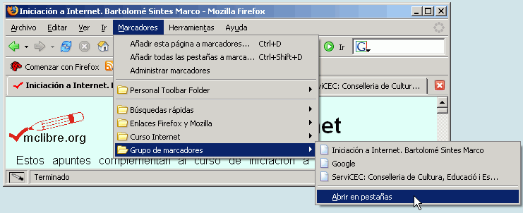 Firefox 1.5 - Menú Marcadores - Abrir varios marcadores Firefox 1.5 - Menú Marcadores - Abrir varios marcadores