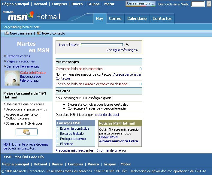 Hotmail - Primera sesin - Pantalla inicial de Hotmail