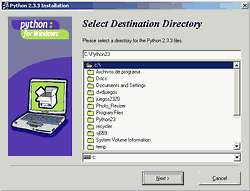Instalación de Python 2.3 - Paso 1 - Carpeta de instalación Instalación de Python 2.3 - Paso 1 - Carpeta de instalación
