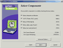 Instalación de Python 2.3 - Paso 3 - Componentes a instalar Instalación de Python 2.3 - Paso 3 - Componentes a instalar