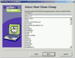 Instalación de Python 2.3 - Paso 4 - Grupo del menú Inicio Instalación de Python 2.3 - Paso 4 - Grupo del menú Inicio