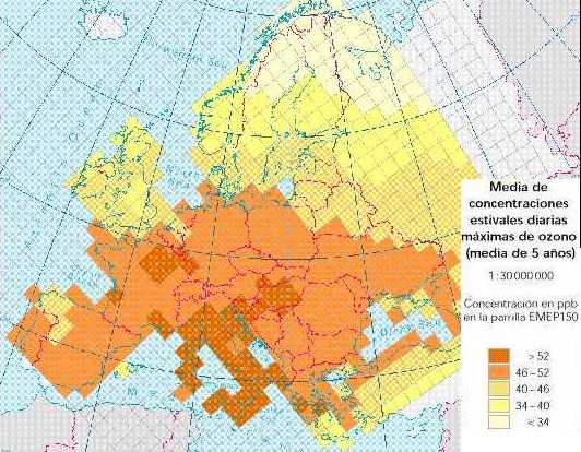 Figura 10-18 > Mximas concentraciones de ozono durante las horas del da en verano